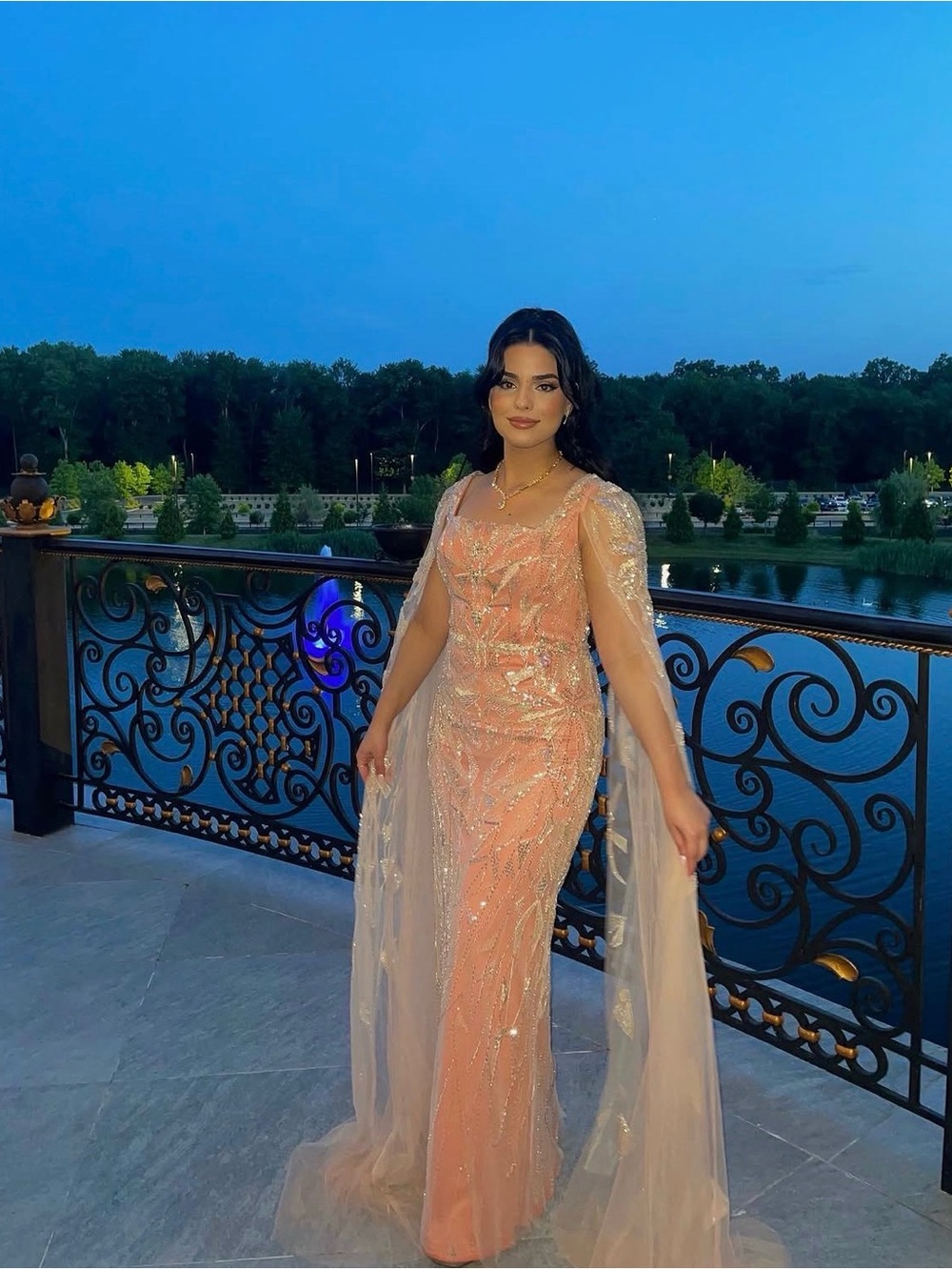 Sparkling Peach Sequin Evening Gown with Sheer Cape